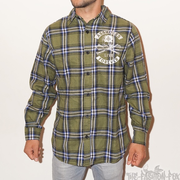 Assholes Live Forever ALF Crossbones Green Plaid Button-Down Flannel Shirt L NEW - Picture 1 of 5